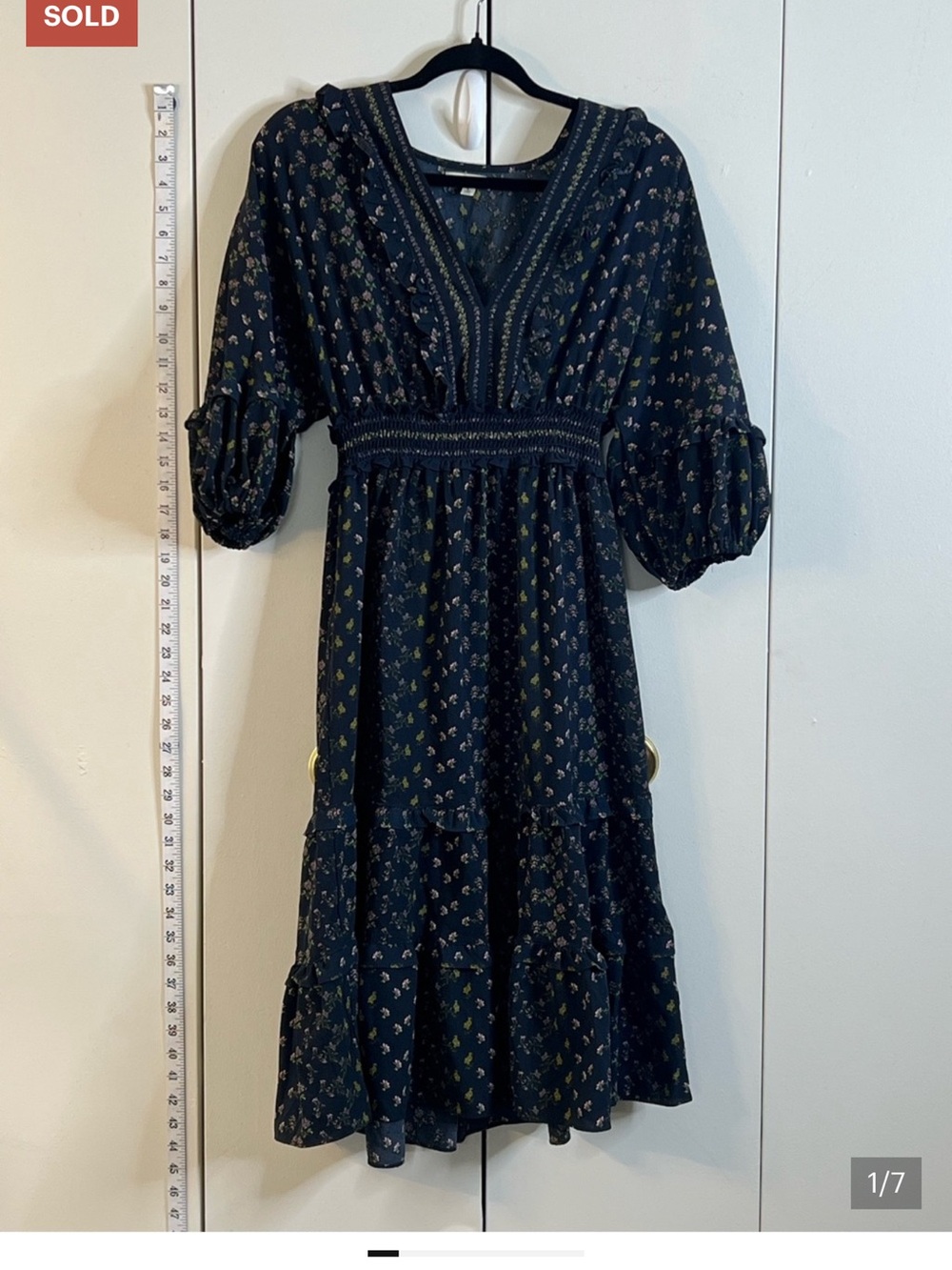 Max Studio Floral Midi Dress Large Boho Prairie Ruffle Smocked Waist
